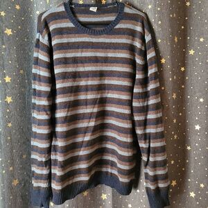 GAP | Men's Navy and Brown Striped Crewneck Sweater Extra Large